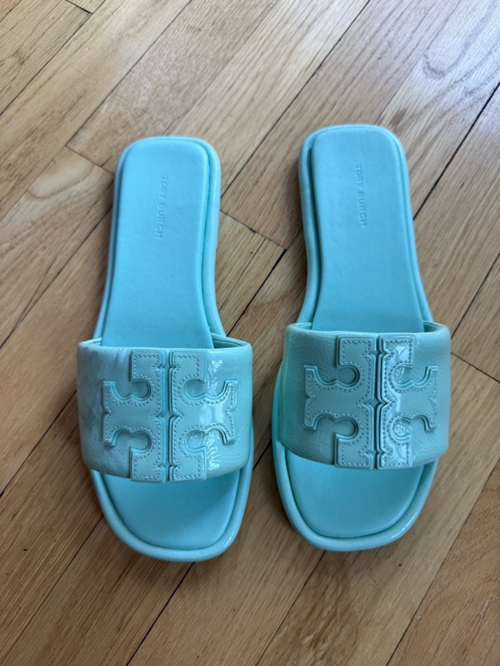 Tory Burch Mint Green Patent Logo Slide Sandals
